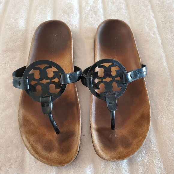 Tory Burch Miller Cloud Sandal Black Patent Leather Womens 8 Suede Footbed Cork - Picture 2 of 7